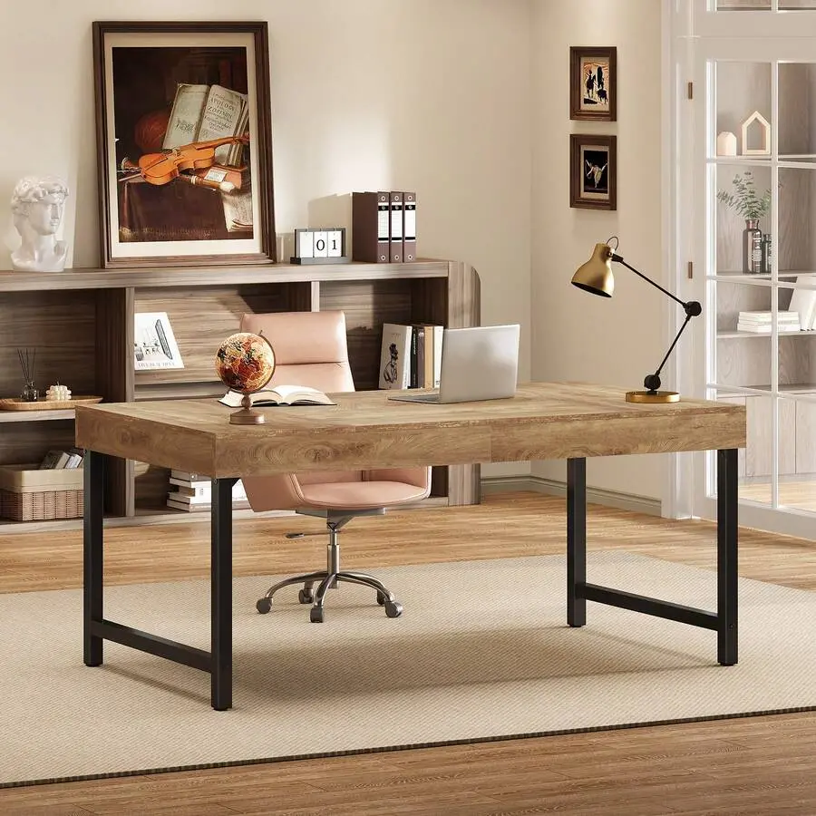 55" Industrial Executive Desk Home Office, Rustic Simple Computer Desk With Strong Metal Legs, Study Writing Table Business Workstation, Small Conference Table