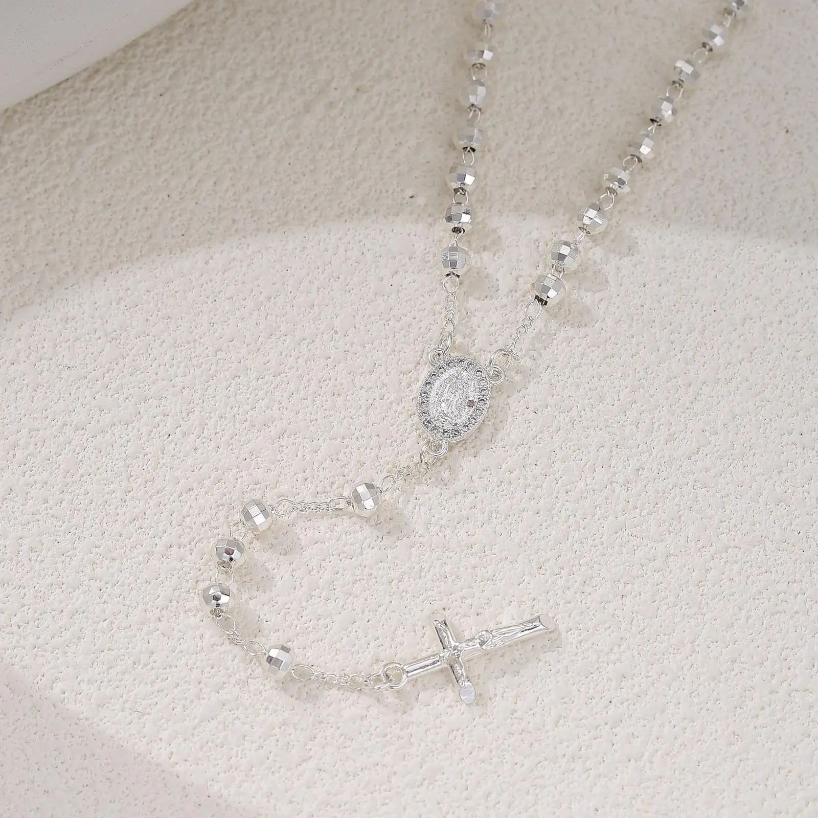 Women's 1Pc Silver-Tone Faceted Beaded Catholic Rosary Necklace - CZ Virgin Mary Medal, Crucifix Cross Lariat Pendant, Religious Faith Jewelry Gift, Cross Necklace for Women, Necklaces For Women