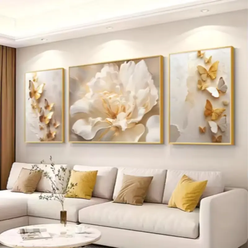Luxury Triptych Oil Painting Scroll, Gold Butterfly Flower Unframed Wall Art, Artwork, Modern Living Room Decor, Home Decoration