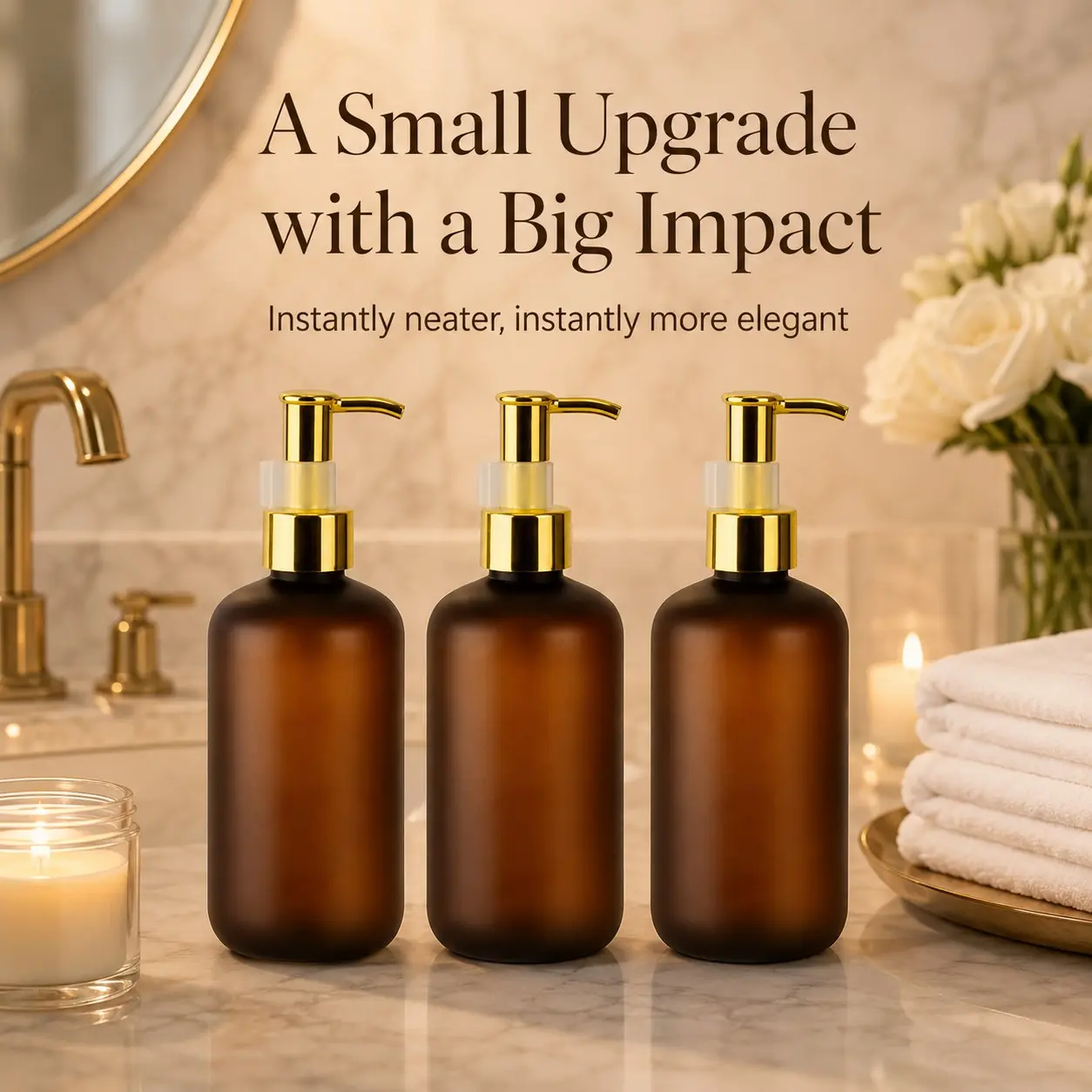 3 Pack 250ML Refillable Pump Bottles, Amber Frosted Soap Dispenser, Soap Container for Shampoo, Hand Wash, Lotion, Bathroom & Kitchen Use, Lotion Dispenser with Pump