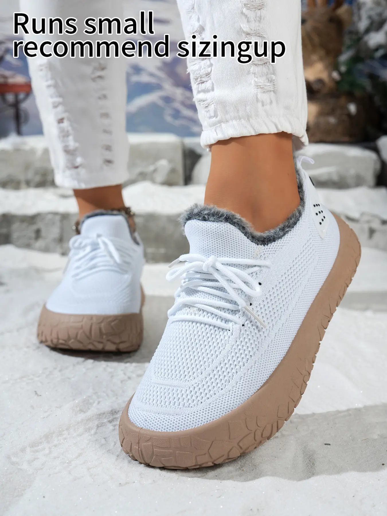 Women’s Lace‑up Winter Fashion Sneakers, Stretchy Knit Upper Plush Furry Inner Lining Decorative Heel Tab Rugged Textured Chunky Outsole Low‑top Winter Casual Shoes, Trendy Ladies Footwear For Cold‑season Daily Commute City Stroll Casual Gathering Weekend