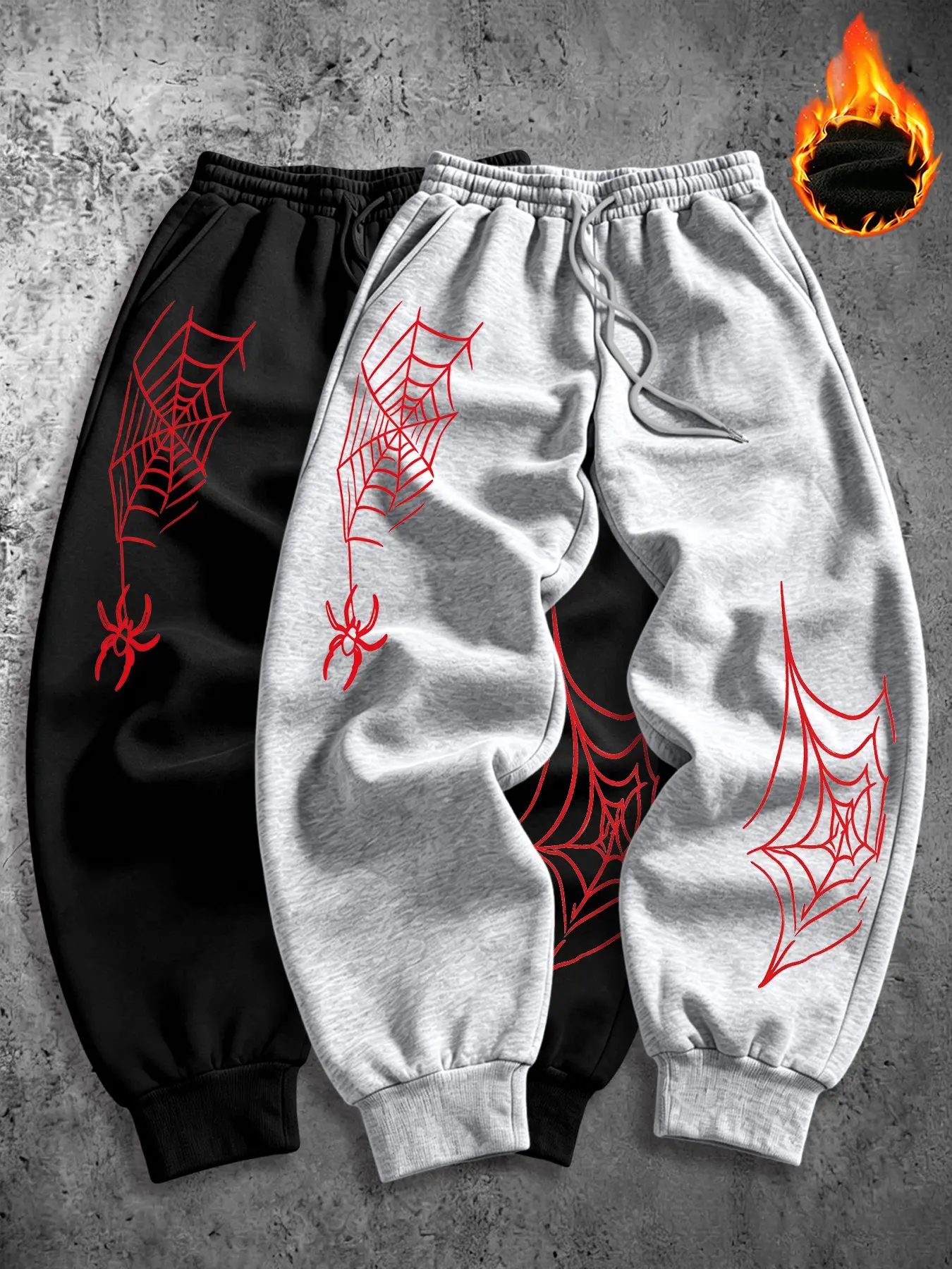 Men's Fall Winter Warm Thick Sporty Ankle Pants, Trendy Spider Web Print, Loose Drawstring Waist, Versatile Long Trousers