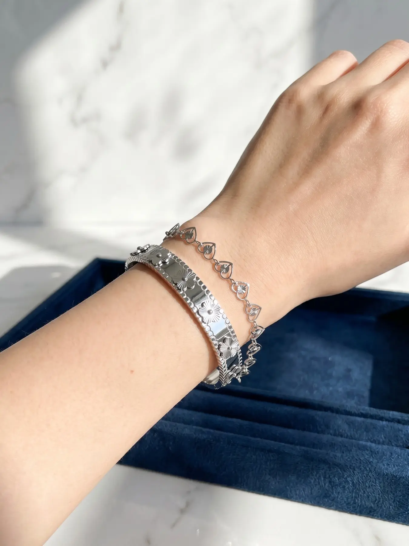 2-Piece Stainless Steel Silver Color Bangle Set, Floral Open Wrist Bracelet, Hollow Heart Chain, Stackable Jewelry for Women