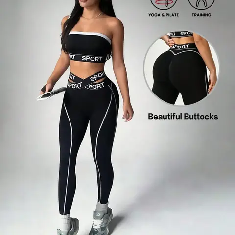 Women's Colorblock Strapless Bra and Cross-Over V Cut High-Waisted Leggings, Casual Fitness Yoga Set, Exercise Clothing Set