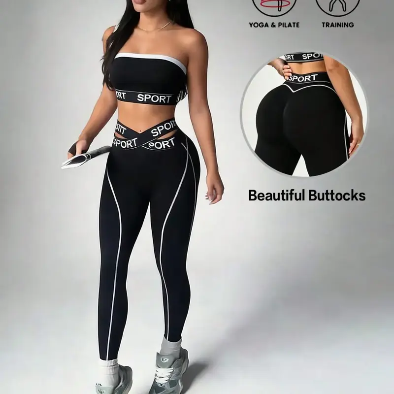 Women's Colorblock Strapless Bra and Cross-Over V Cut High-Waisted Leggings, Casual Fitness Yoga Set, Exercise Clothing Set