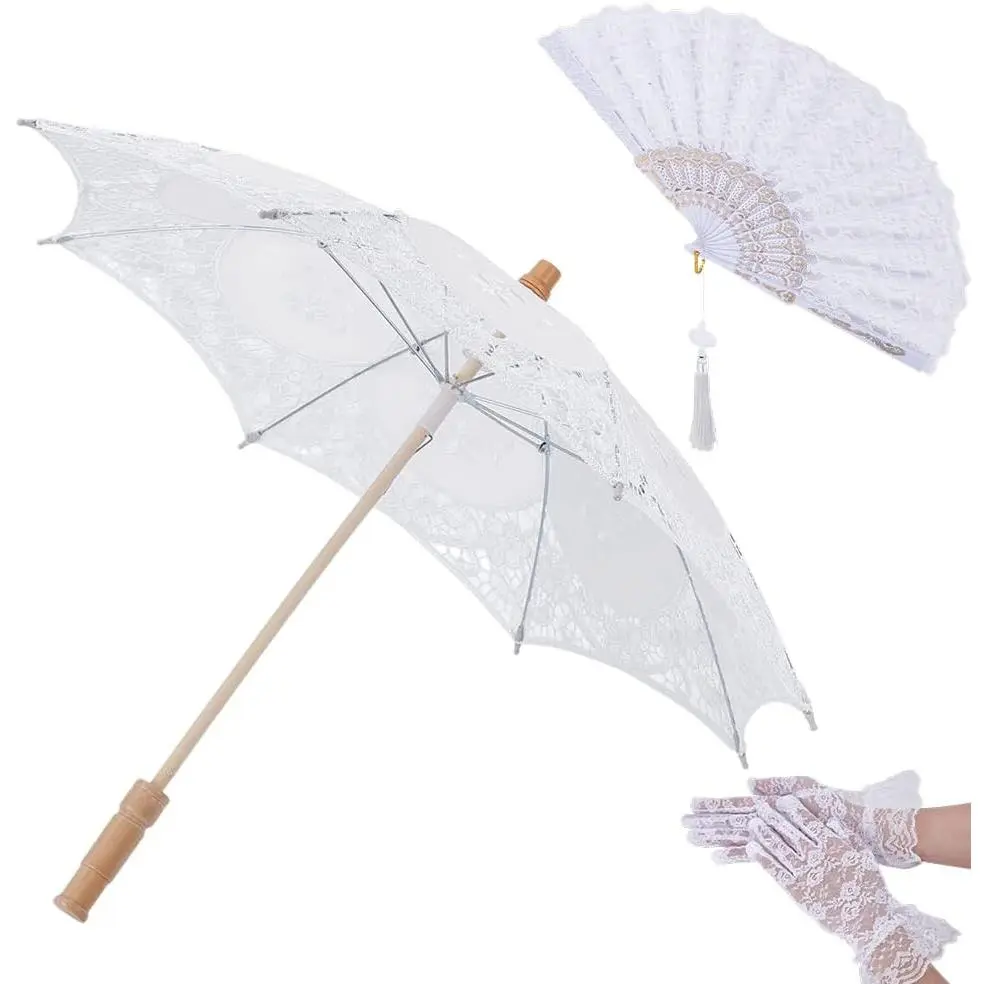 AHANDMAKER White Vintage Victorian Bridal Lace Umbrella & Gloves Set, Parasols for Wedding Gifts, Second Line Parades, Tea Party Photography Props & Decorations