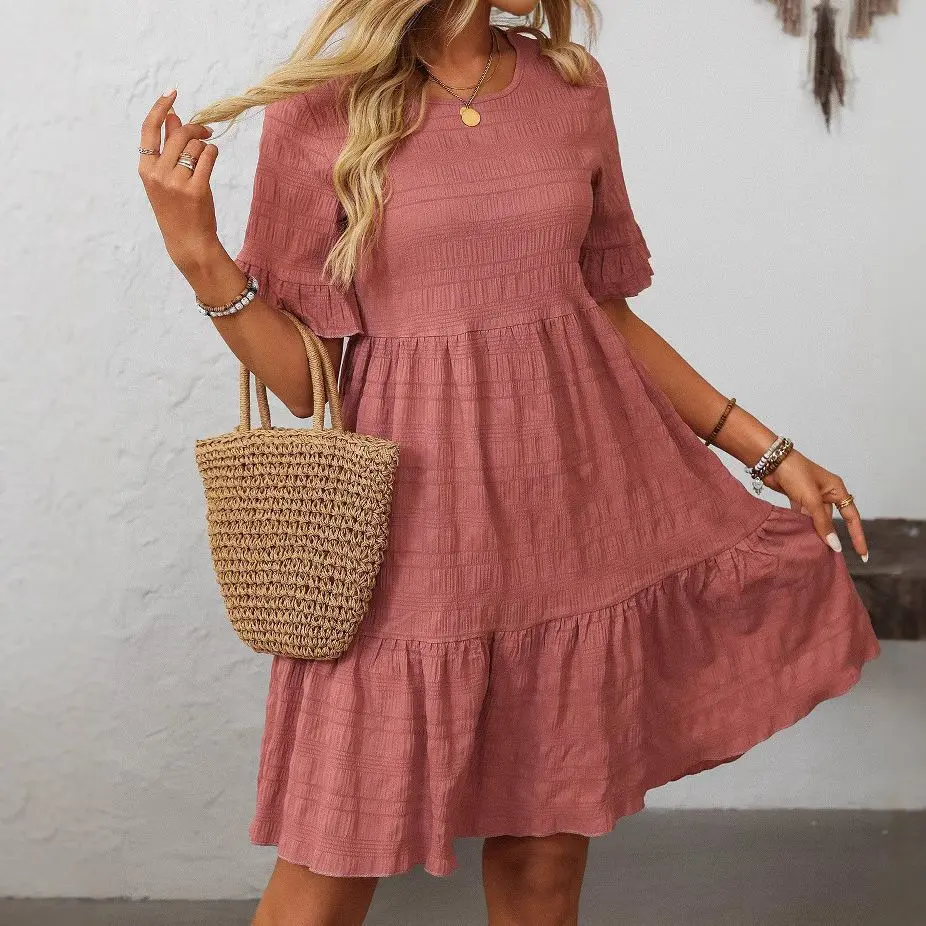 Women's 2026 Spring Summer Casual Dress Short Sleeve Crewneck Loose Flowy Tiered Ruffle Hem Babydoll Dresses Lightweight Textured Boho Vacation Tunic Sundress Cute Beach Party Outfit Elegant Everyday Wear Solid Color Plain Tee Dress