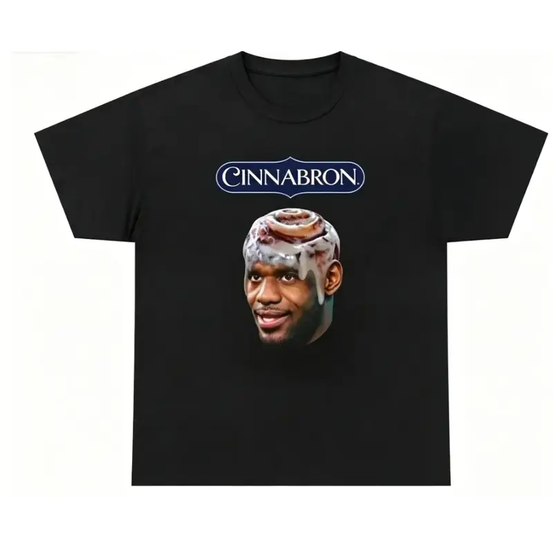 Cinnabron LeBron James Cinnamon Roll Meme Graphic Tee Summer Cool 100% Cotton Fun Basketball Viral Internet Casual Top Unisex Black Crewneck