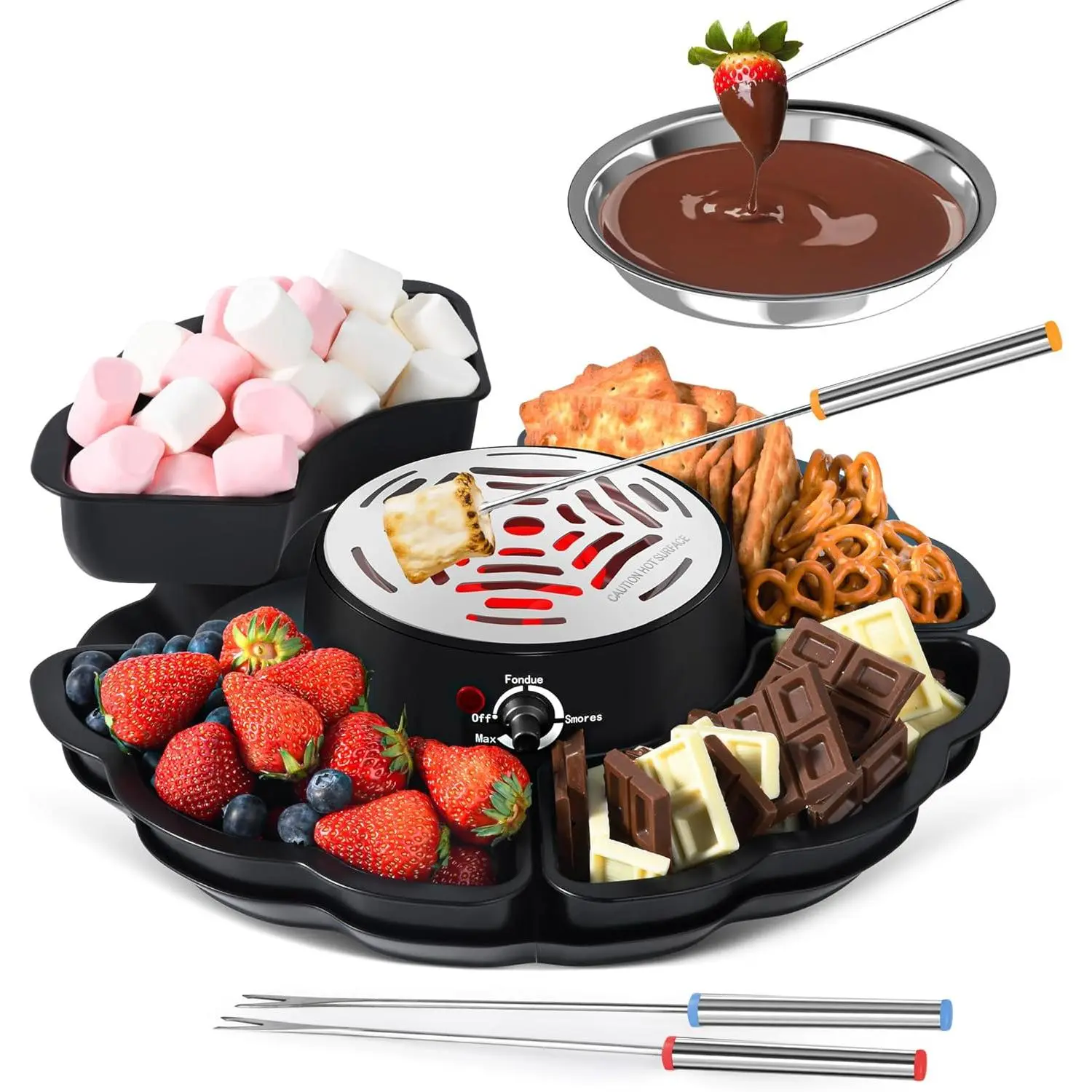 2-in-1 Electric Fondue Pot & Maker Tabletop Indoor Kit - 4 Roasting Forks, 4 Detachable Trays, 1 Flameless Temperature Controller - Movie Night Supplies, Housewarming Gifts