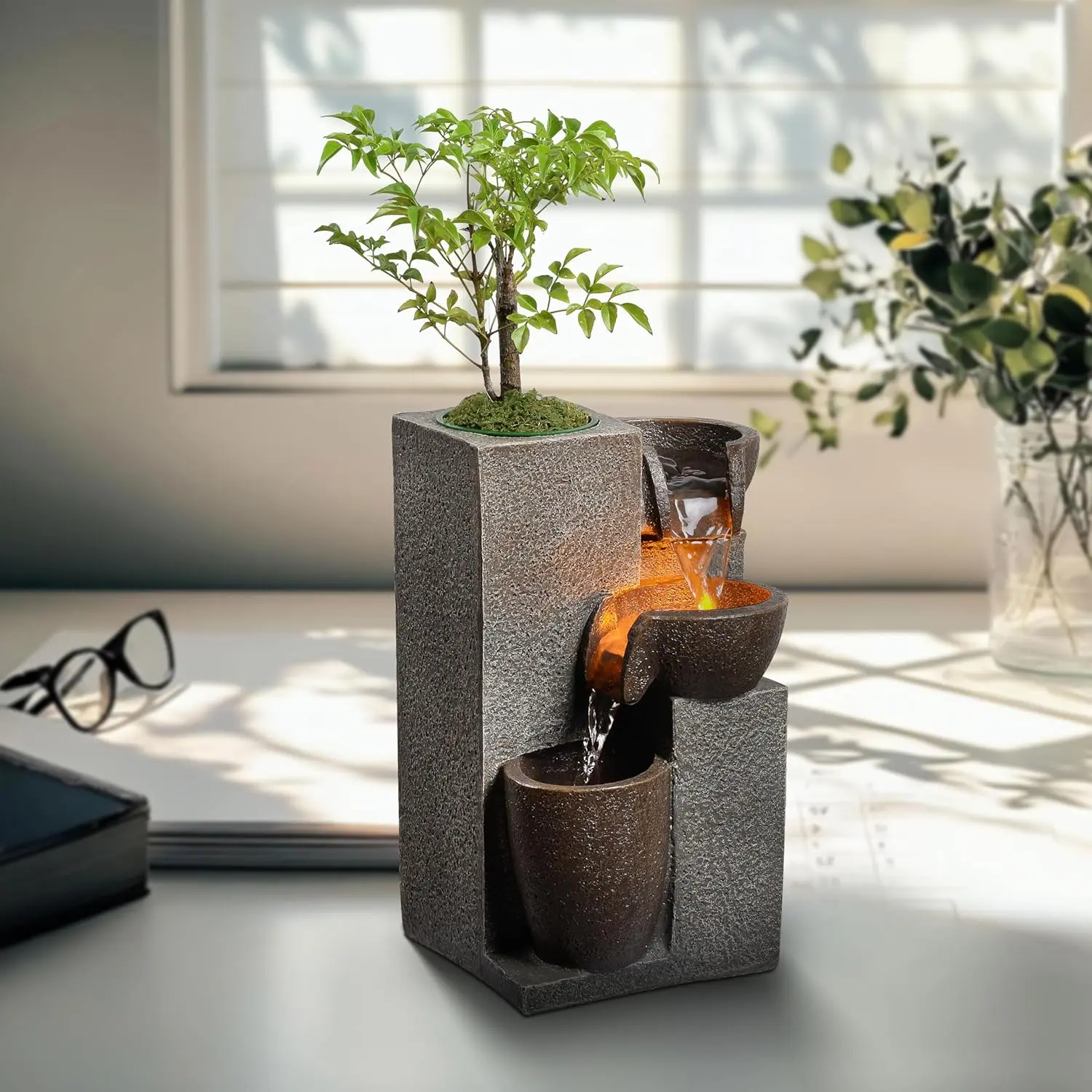 Modern Resin Tabletop Waterfall - Indoor Water Fountains with LED Nightlight, Quiet Pump, Flowing Planter, Fountain Design, Serenity-Creating Home Office Desk Decor (22028N)