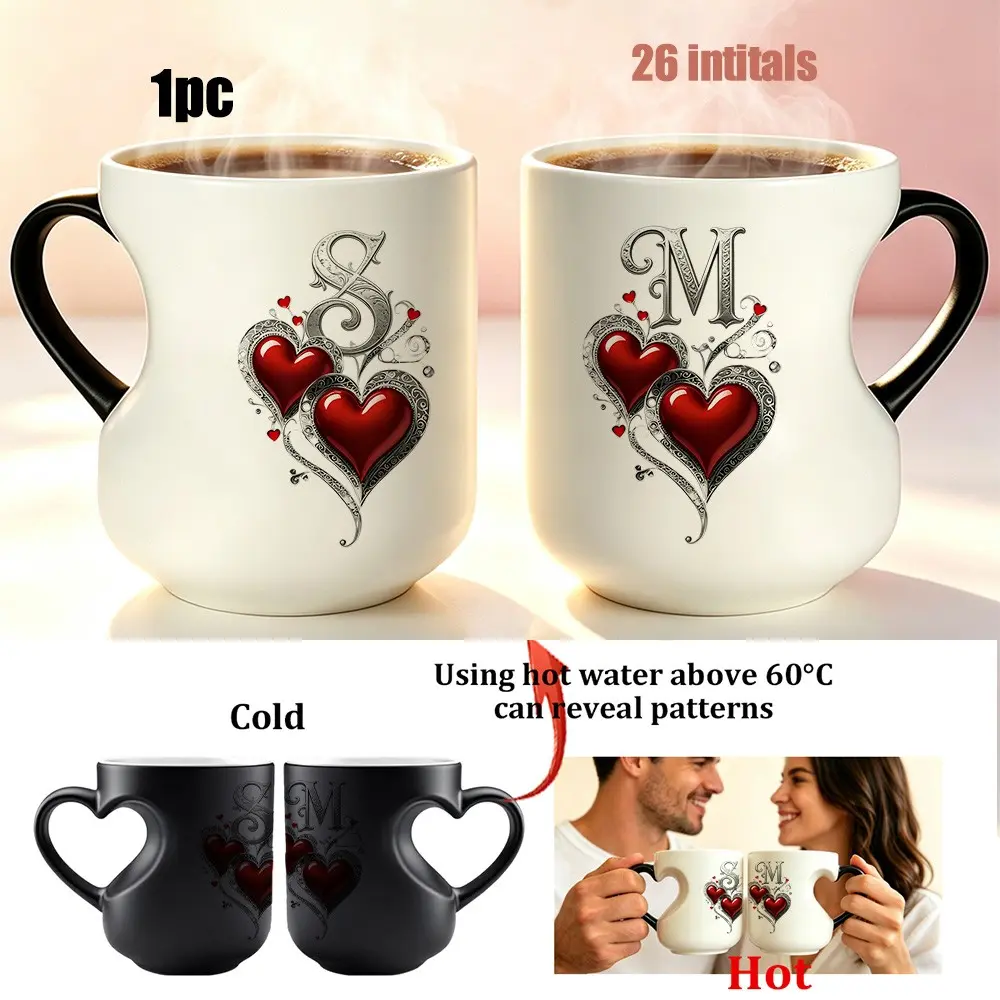 Personalized 26 Initials A-Z Color Changing Mug, Heat Sensitive Coffee Cup, Vintage Red Heart Monogram Discoloration Ceramic Mug, Romantic Couple Gift For Anniversary Birthday Valentine's Day, 11oz Magic Hot Water Reveal Pattern Tea Mug, Drinkware Mug