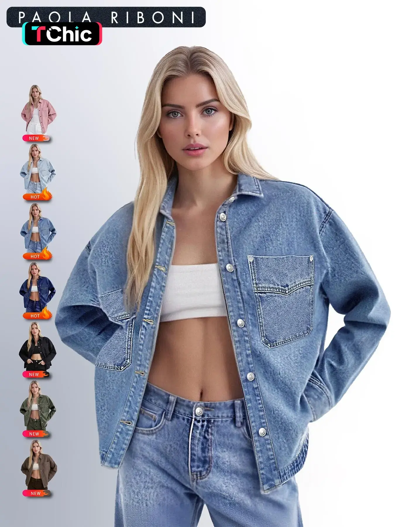 Long Sleeve Denim Jacket for Women,Drop Shoulder Curved Hem Denim, Classic Button Down Denim Jacket with Chest Pockets, Fashion Women's Clothing for Daily Wear, Vintage Western Trucker Jacket