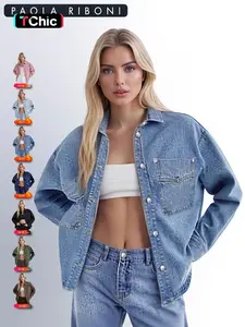 Long Sleeve Jean Denim Jacket for Women,Drop Shoulder Curved Hem Denim, Classic Button Down Denim Jacket with Chest Pockets, Fashion Women's Clothing for Daily Wear, Vintage Western Trucker Jacket