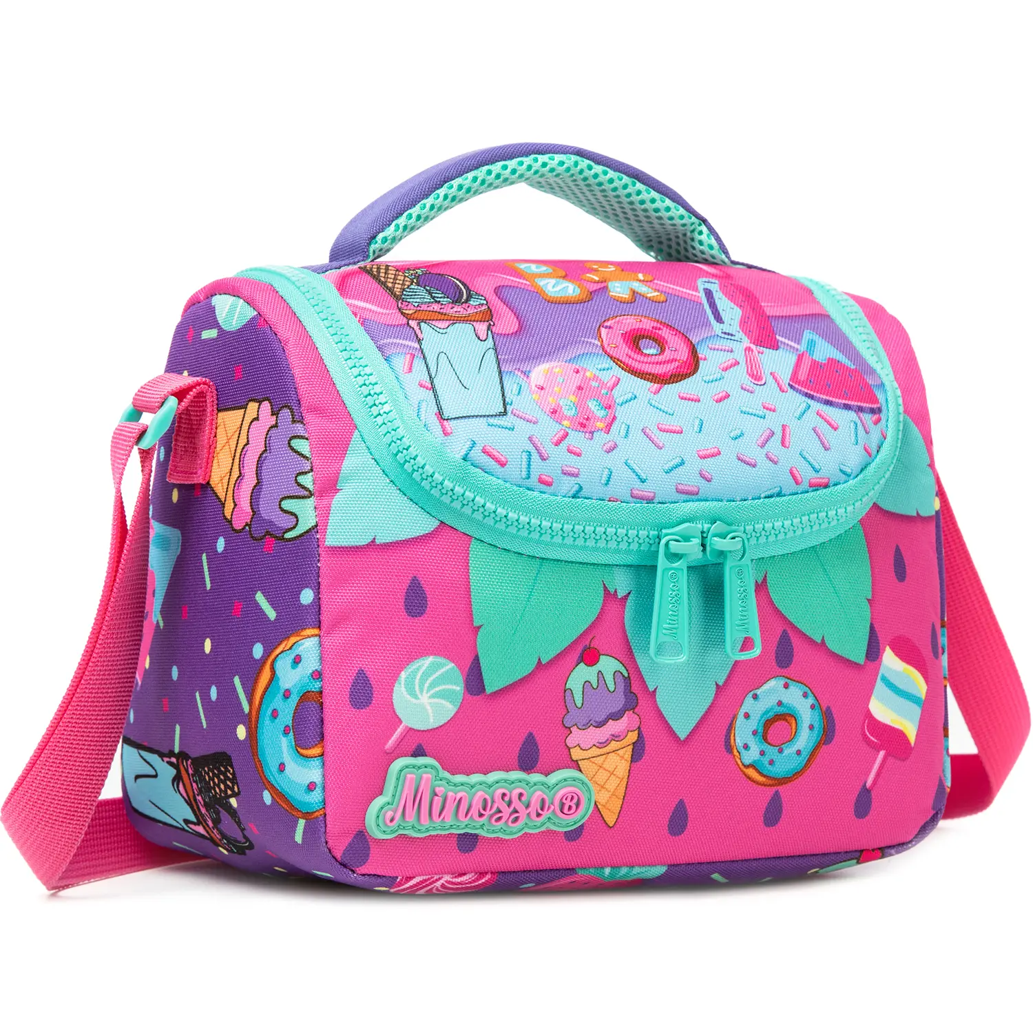 Vibrant Cartoon Ice Cream Donuts Print Insulated Lunch Bag - Thermal Cooler Tote with Adjustable Shoulder Strap, Girls’ Portable Food Bag for School, Picnic