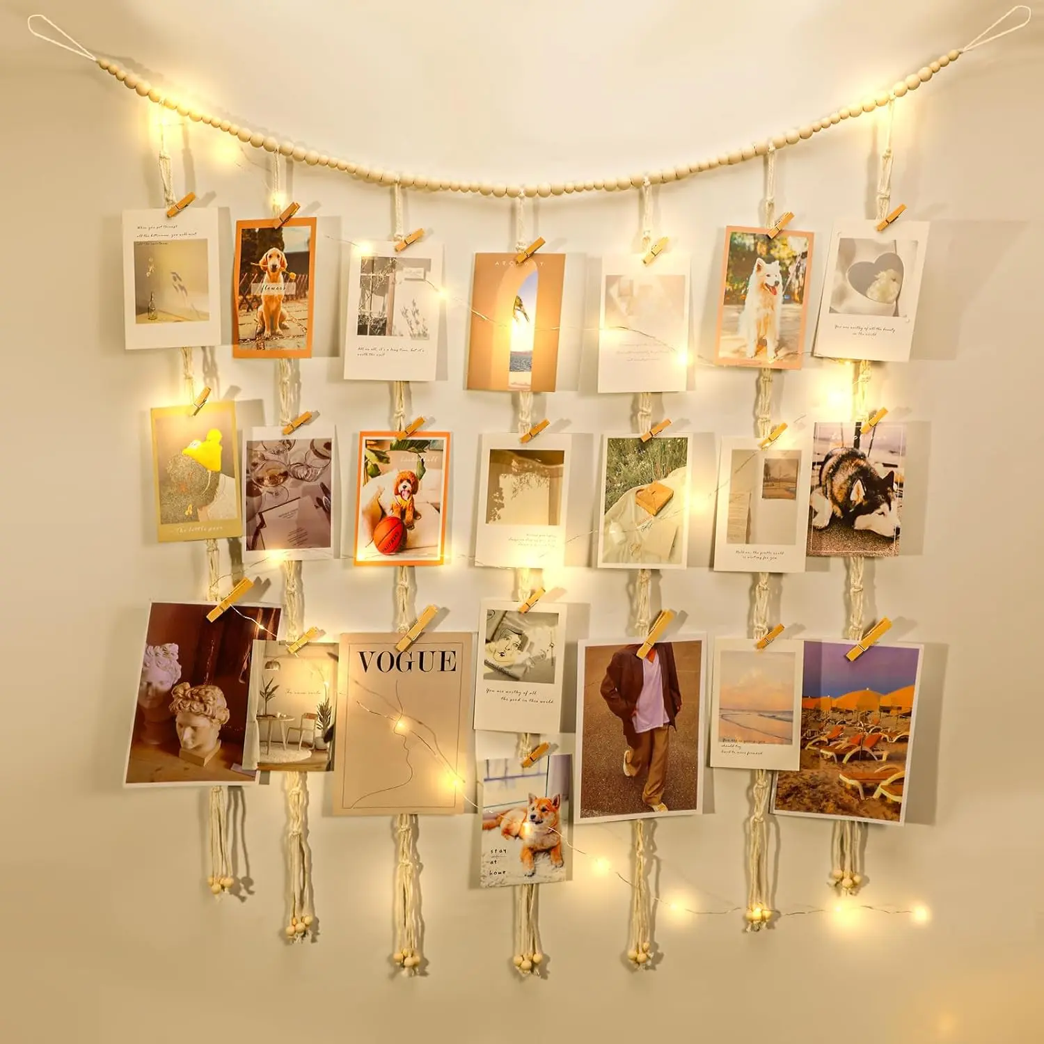 Cotton Wooden Macrame Hanging Photo Display - Boho Hangable Wall Decoration with String Lights, 50 Clips, Christmas Card Holder for Room, Nursery, Teen Girl Gifts