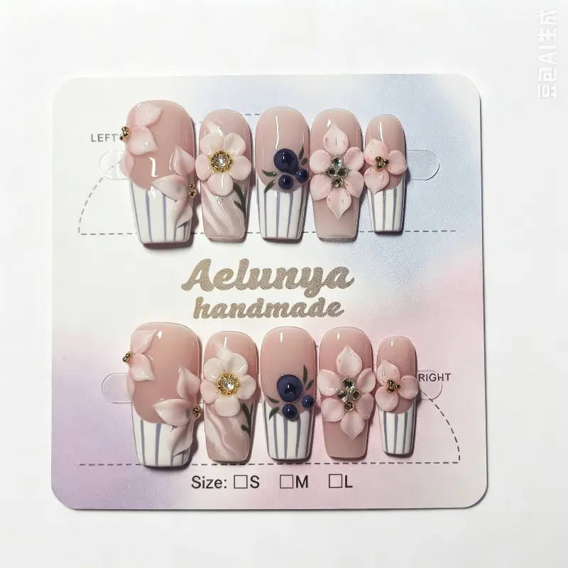 2-5$ per piece,Aelunya Handcrafted 3D Floral Blueberry Press On Nails, Glossy Nude Striped Reusable False Nails with Rhinestone Charms, Long Square Nail Tips for Women Girls