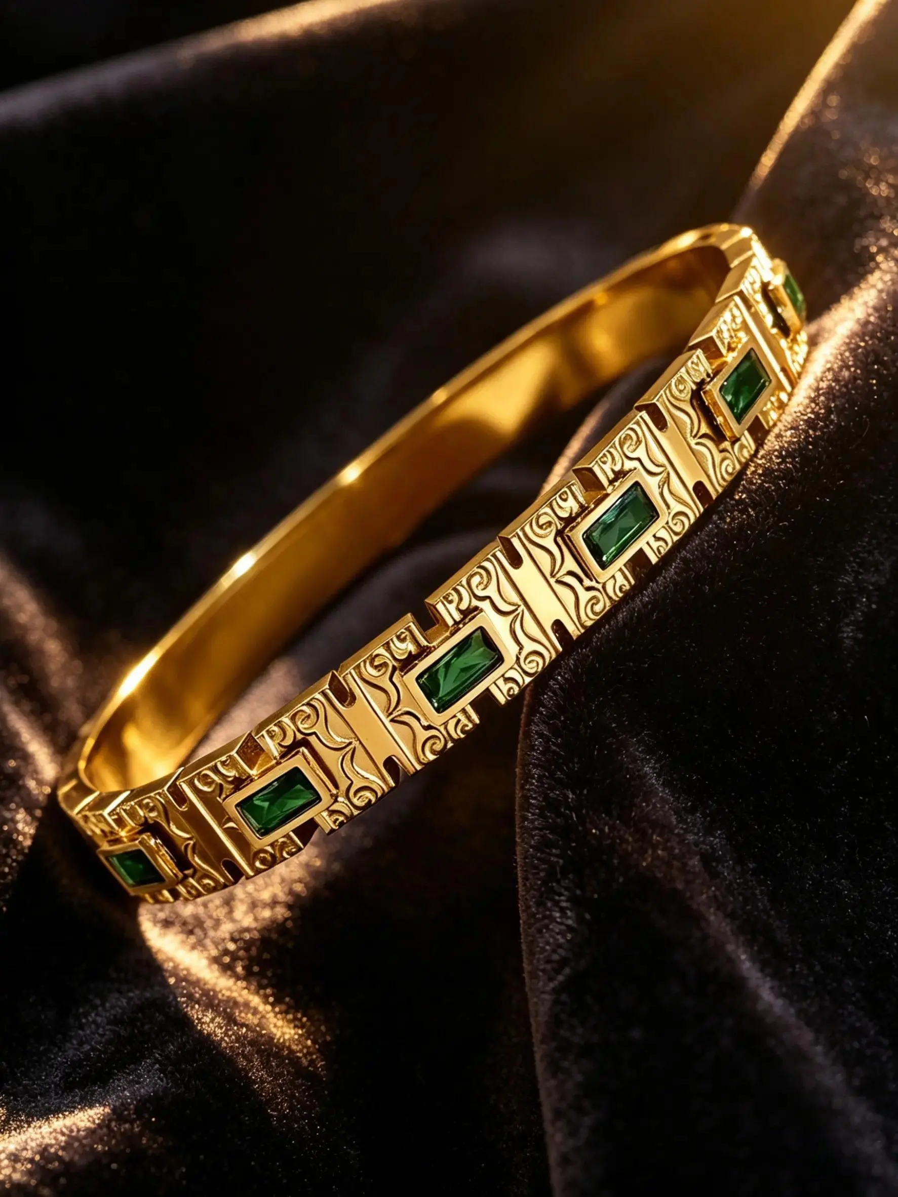 Rectangle Imitation Emerald Green Cubic Zirconia Link Exquisite Bangle Bracelet For Women 18K Gold Tone Plated Vintage Engraved Textured Chain Cuff Hypoallergenic Anti Tarnish Luxury Daily Wedding Party Jewelry Birthday Gift For Ladies Her