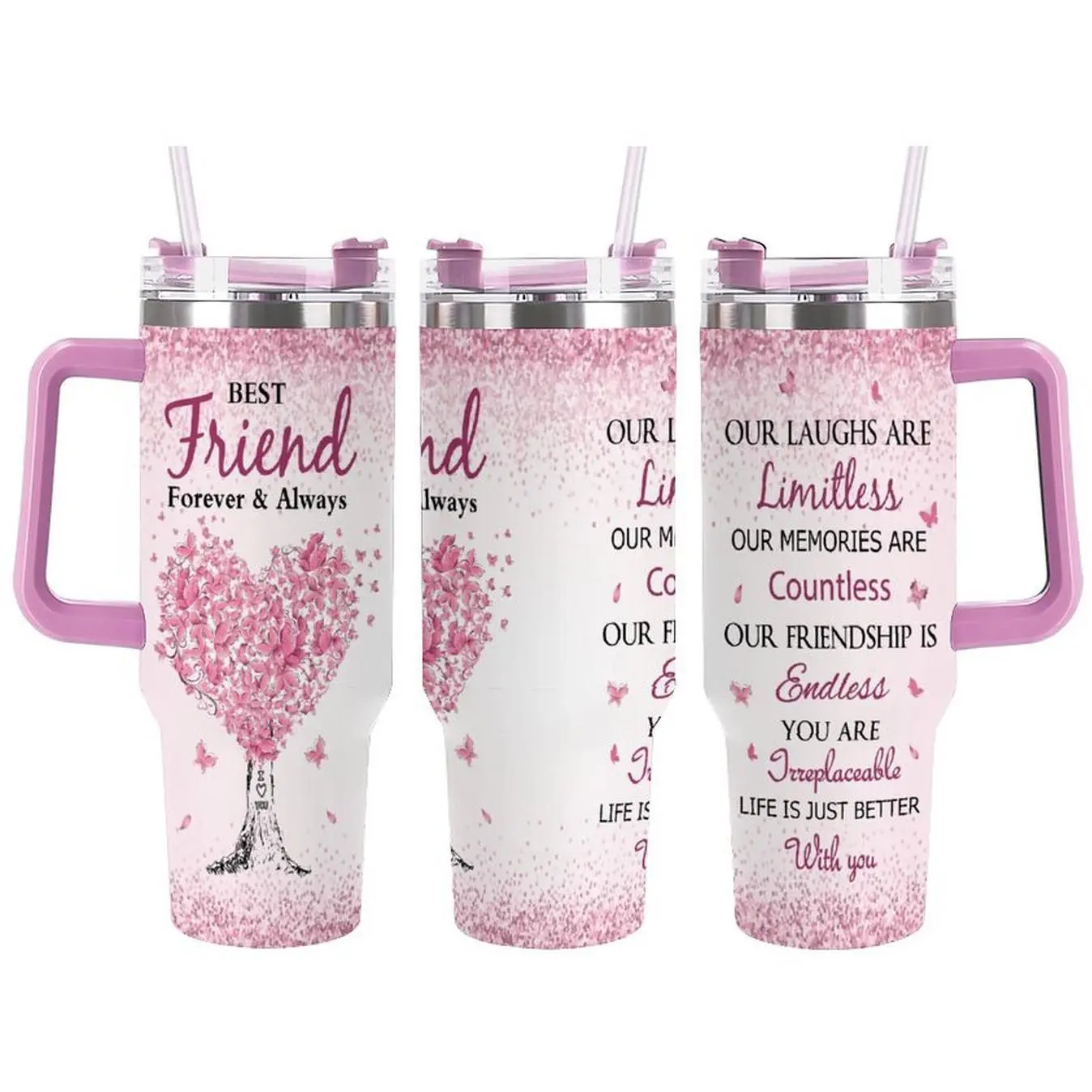 To My Best Friend – You Are Irreplaceable, Beautiful Pink Butterfly Friendship Tumbler, Forever & Always Bestie Gift, Life Is Better With You Cup