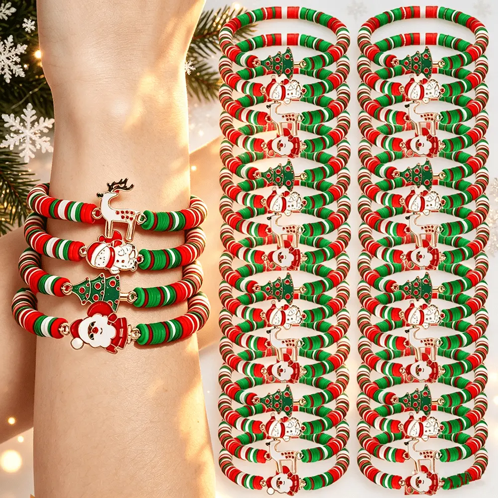 Polymer Clay Bracelets, 24Pcs Casual Colorful Mix Christmas Stretch Set with Charms for Women Men, Party Favors Stocking Stuffers, Charm Bracelets, Casual Wear, Mixed Colors, Unisex Fit, Friendship Bracelets