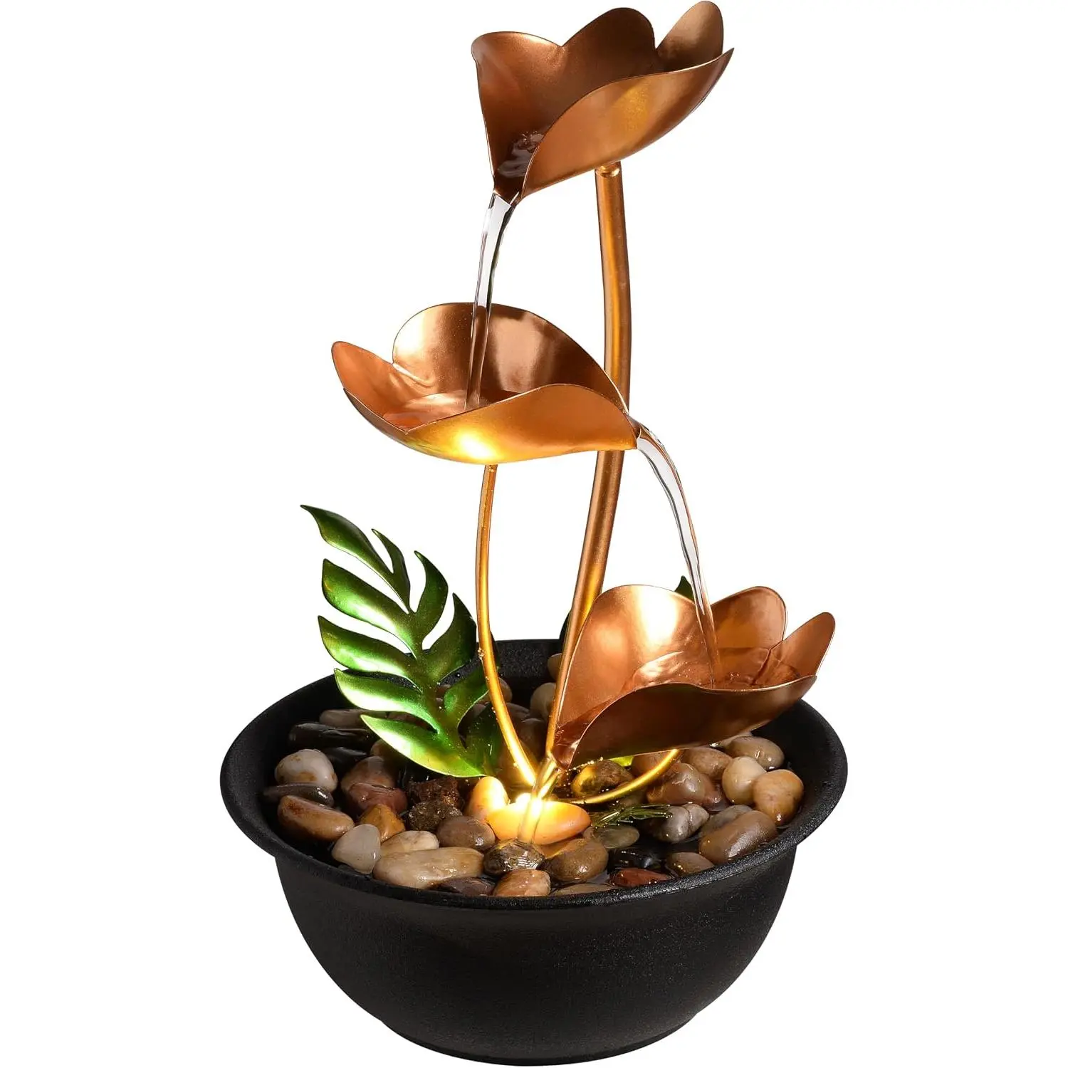 3-Tier Flower Tabletop Water Fountain with LED Light, Metal Indoor Cascading Waterfall Fountain for Desk, Relaxing Zen  Office Decor, 11 Inch