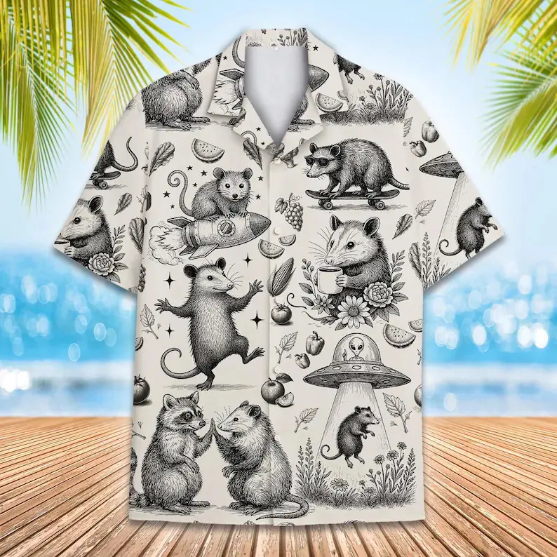 Retro Black Line Art Opossum UFO Tropical Hawaiian Shirt, Cream Short Sleeve Button Down Aloha Top, Unisex Funny Weird Animal Summer Beach Vacation Casual Shirt For Men Women # TikTokMadeMeBuyIt # PossumHawaiianShirt # QuirkyAnimalAlohaTop # NoveltyVacati