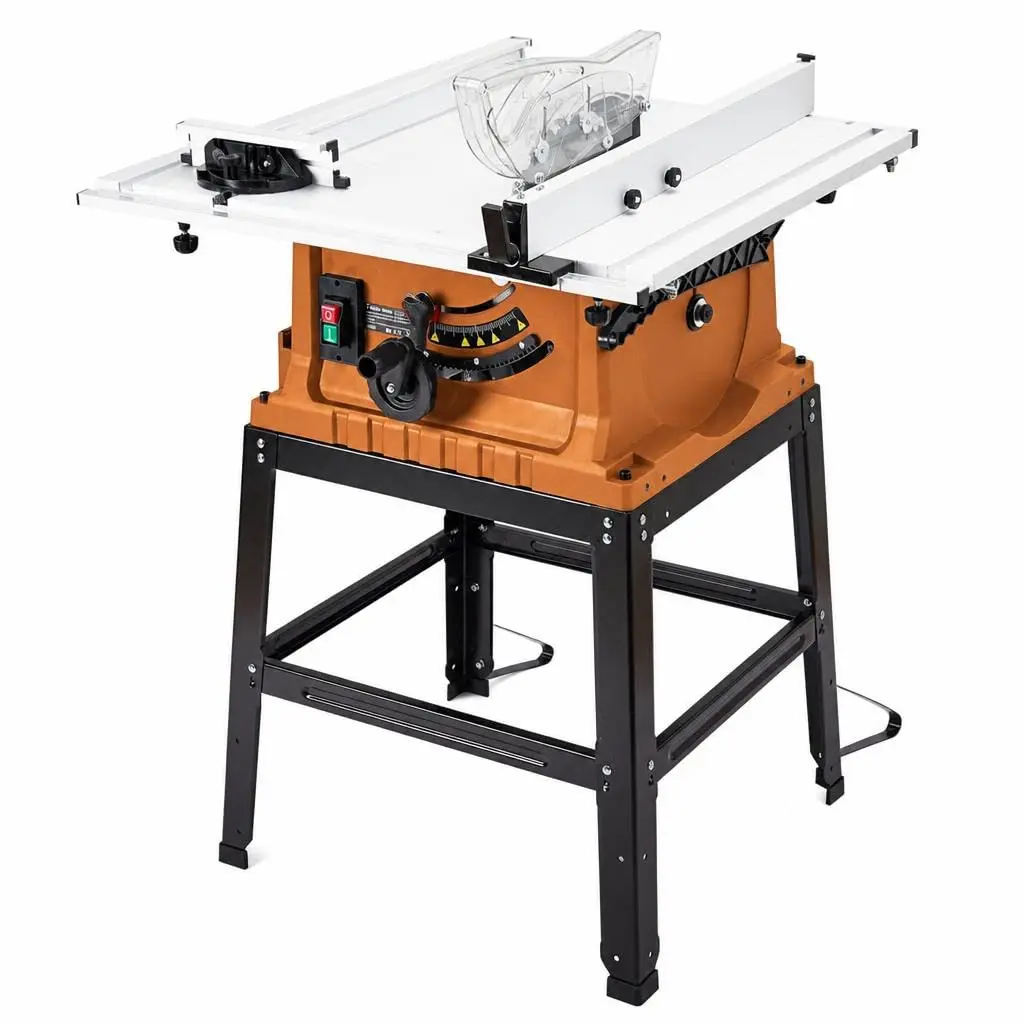 Garvee 10 Inch Table Saw with Stand & Push Stick, 15A Motor, 5000 RPM, 0-45° Bevel