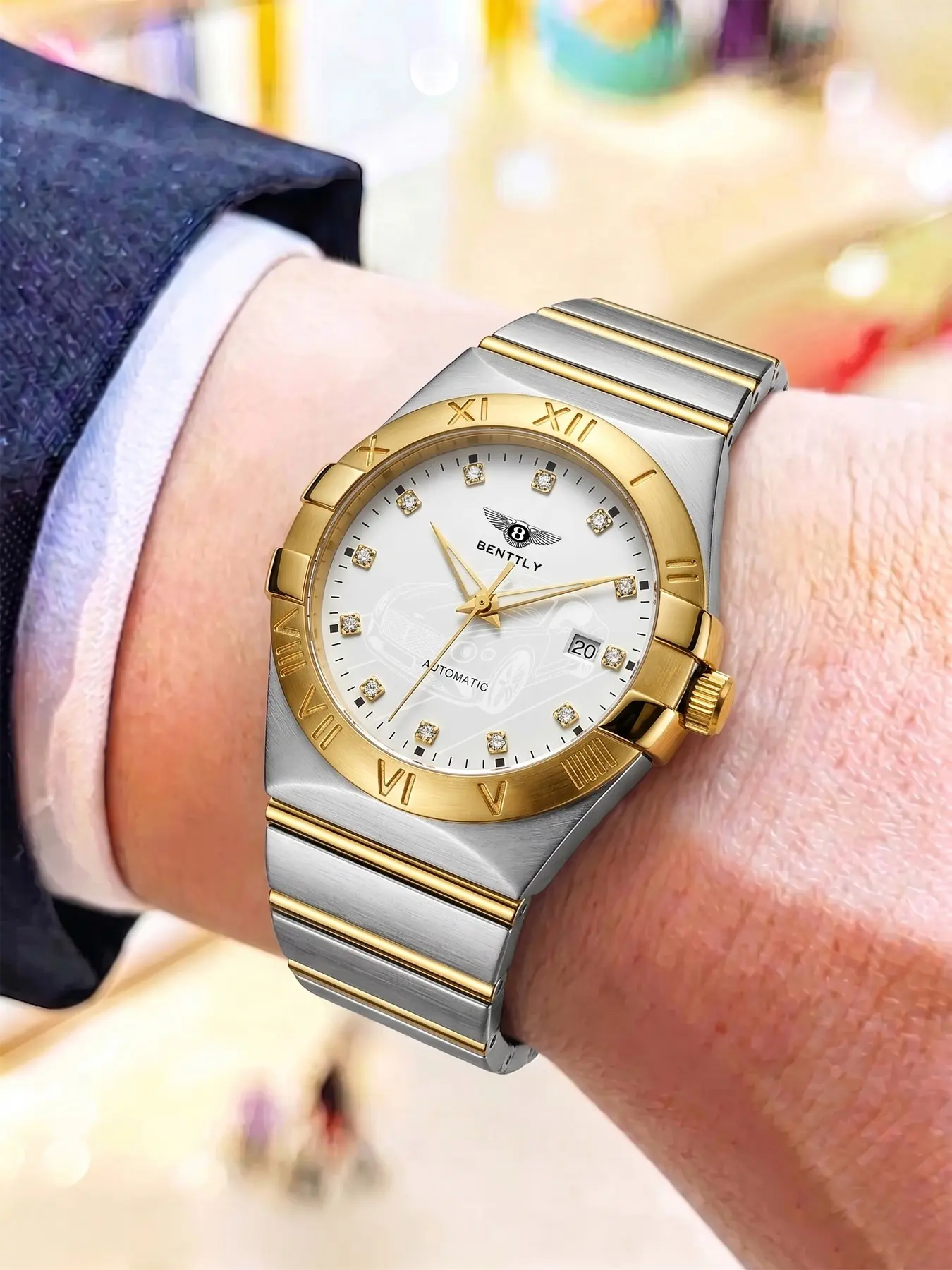 Men's Quartz Watch with Rhinestones, Butterfly Buckle Steel Strap, Luminous Waterproof, Roman Dial Calendar Display, Elegant Gift Watch
