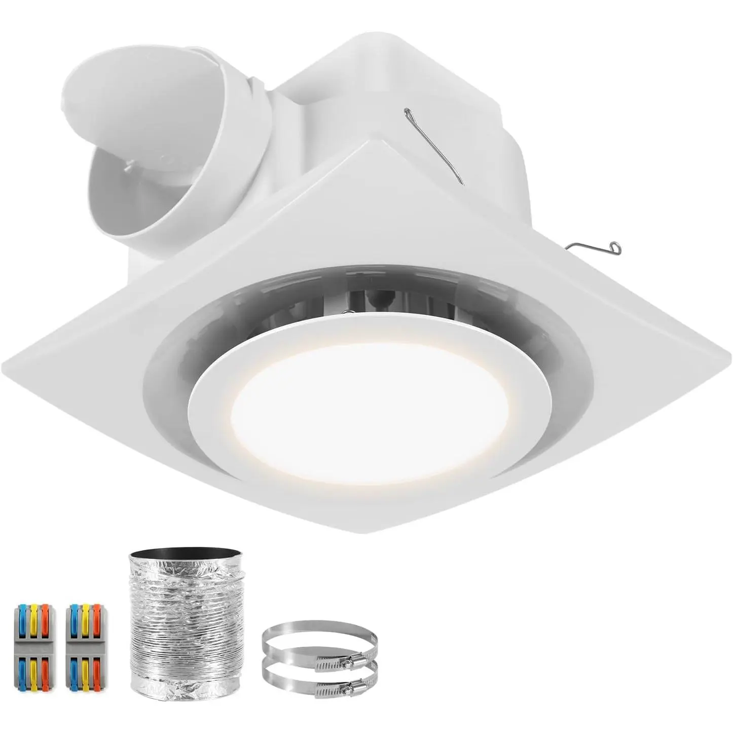 10 Inch Bathroom Exhaust Fan with Light 3000K, 110 CFM & 1.0 Sones | Vent Fan with Light, 15W Round Quiet Bathroom vent with Lever Wire Connectors & Duct, Energy-Efficient