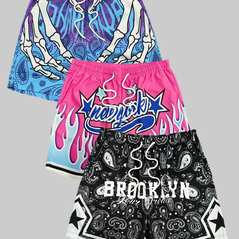 New Men's Three-Piece Set Printed Beach Shorts Clothes, Casual Loose-Fitting Drawstring Shorts, Casual Tropical Style Menswear, All over Print, Ideal for Summer