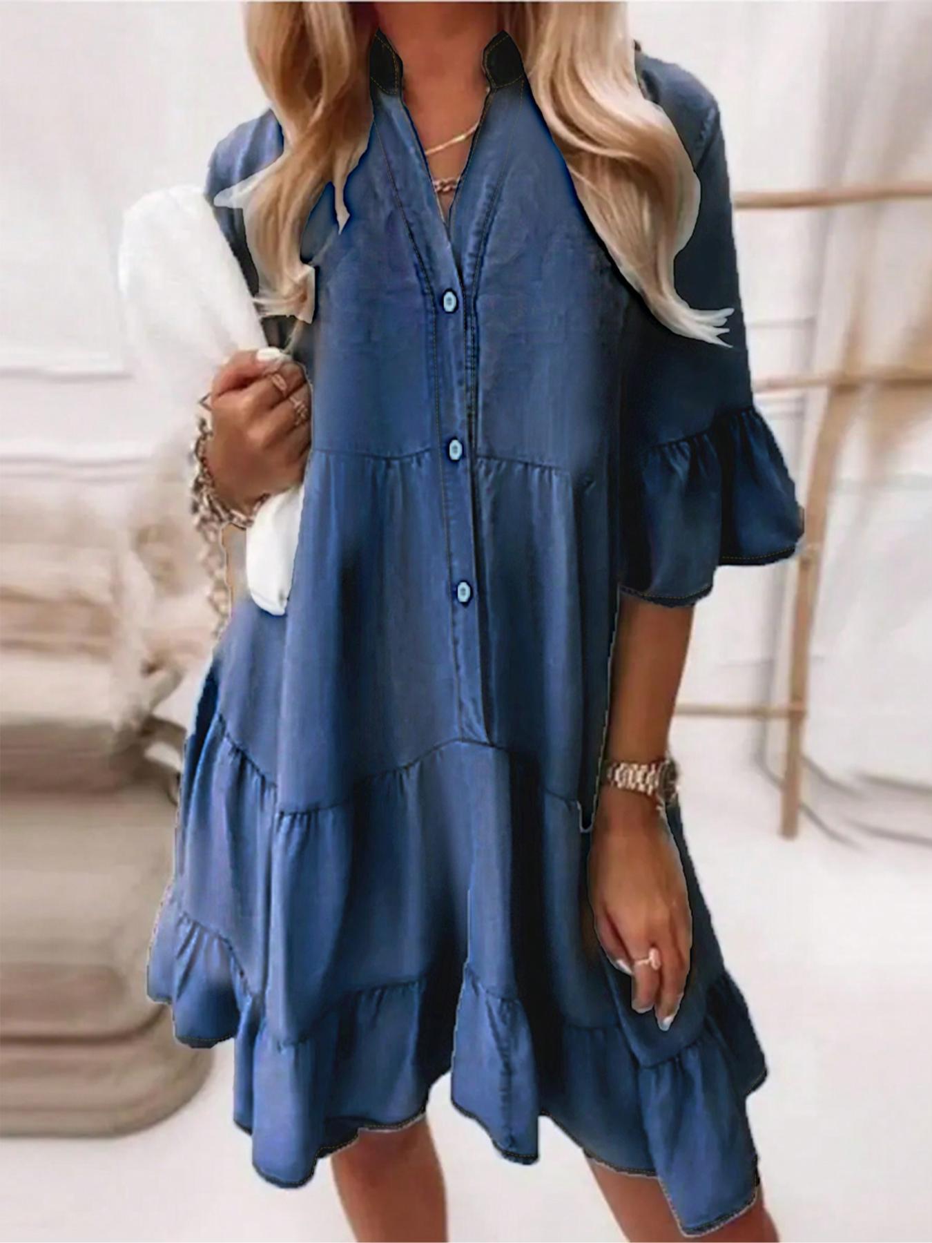 Women's Denim-effect Print Ruffle Trim V Neck Dress, Casual Short Sleeve Dress for Summer, Fashion Women's Clothes for Daily Wear