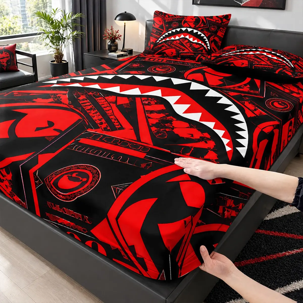 3-Piece Bedding Set with Trendy Red and Black Shark Mouth Print (Includes 1 fitted sheet and 2 pillowcases; comforter and pillow inserts not included) — Perfect for home or dorm decor and makes an excellent holiday gift.