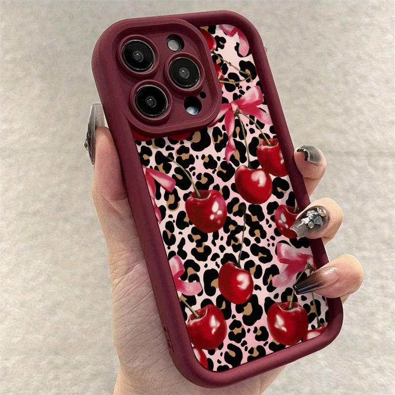Leopard Cherry Pattern Case for iPhone 17 16 15 14 Pro Max 13 12 11 Plus Shockproof Non Slip Military-Grade Protection Silicone Cover Protector Screen Protector.QXB795