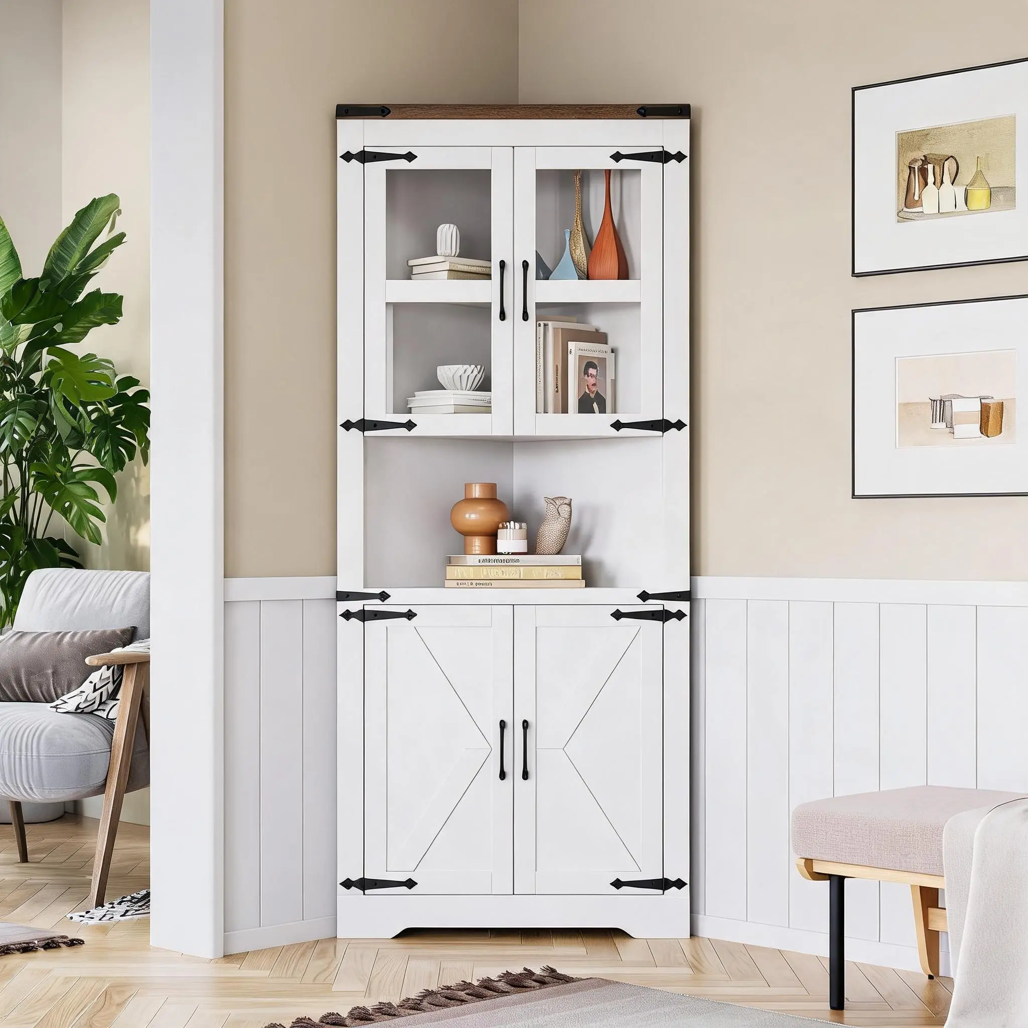 6-Tier Height Farmhouse Corner Storage Cabinet - Space-Saving Tall Cupboard with Adjustable Glass Shelves, Barn Doors, Multipurpose Indoor Furniture for Living Room, Farmhouse Home Decor (Washed Grey & Brown)