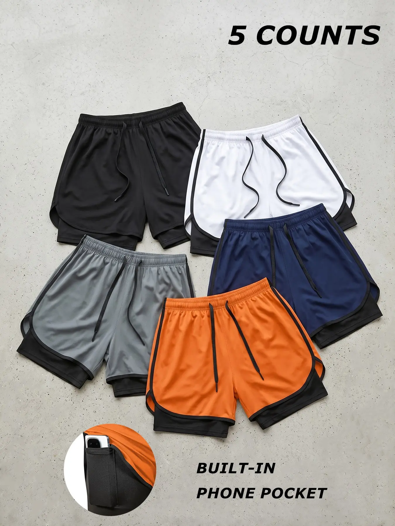 5 Piece Set Men's 2-in-1 Performance Shorts with Phone Pocket & Towel Loop, Summer Quick-Dry Breathable Dual-Layer Sporty Shorts, Gym Workout Running Shorts
