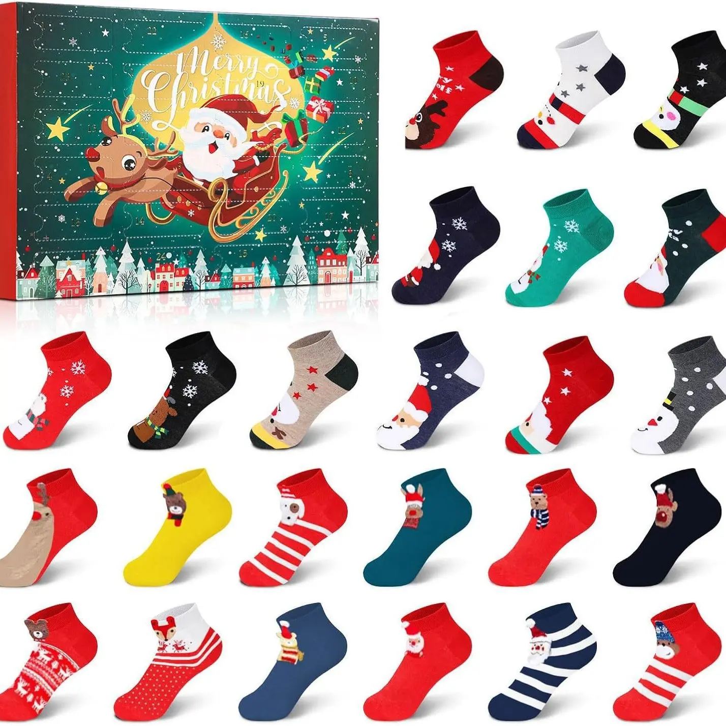 2026 New Christmas Countdown Calendar Socks, 24 Pairs Santa Claus Theme, Perfect Gift for Holidays, Festive Decoration