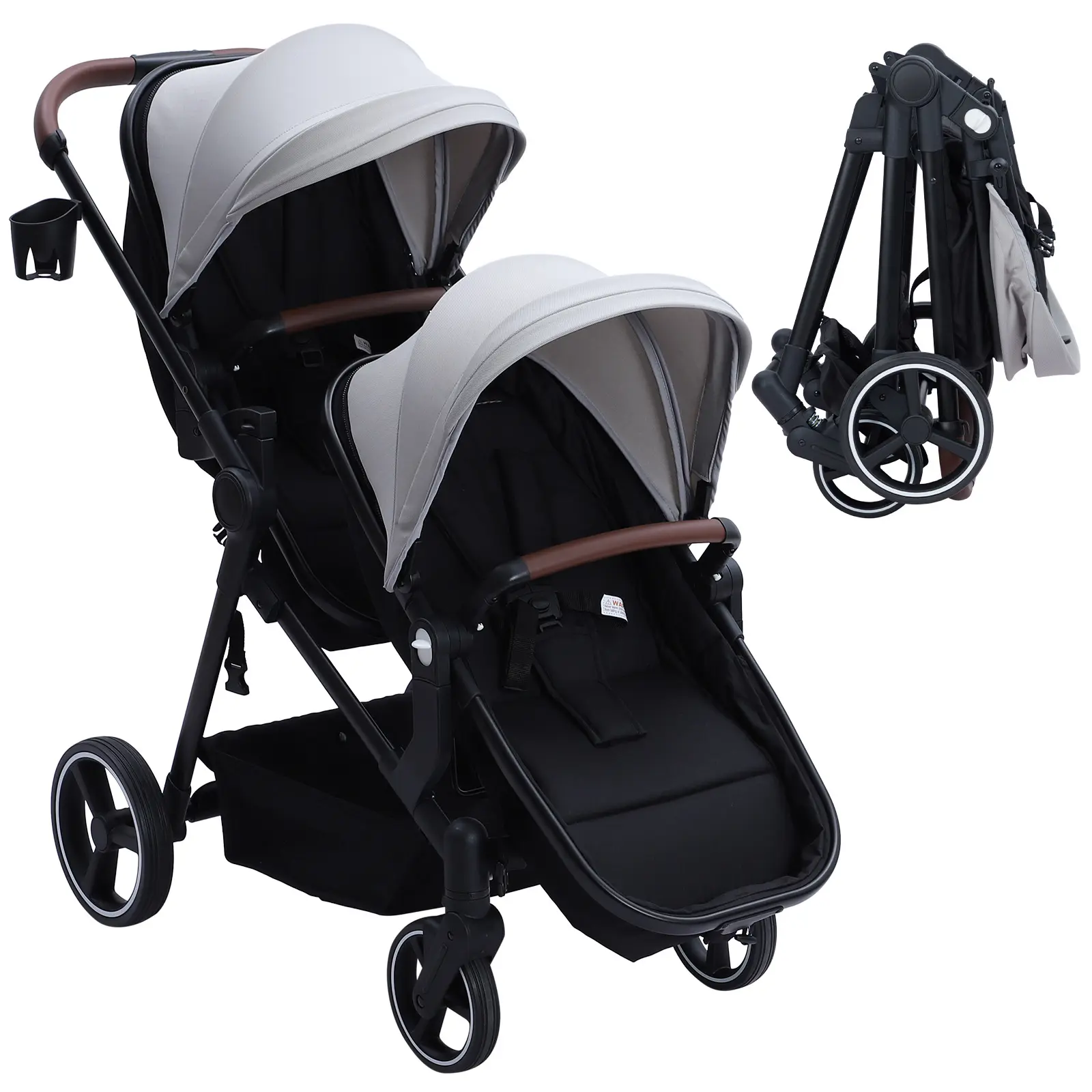 Collapsible Tandem Double Stroller for Infants and Toddlers – Reversible Twin Pushchair, Adjustable Backrest & Canopy, Multi-Position Bassinet, 5-Point Safety Harness, Large Storage Basket – Travel System