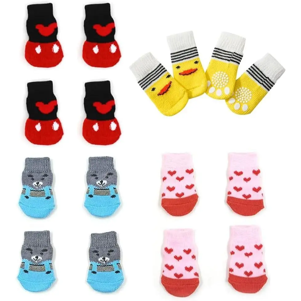 16 Pieces Anti Slip Dog Socks for Small Dogs, 4 Styles Non Skid Doggie Socks with Grips, Anti-Slip Indoor Puppy Cat Pet Paw Protection for Hardwood Floor, Prevent Licking