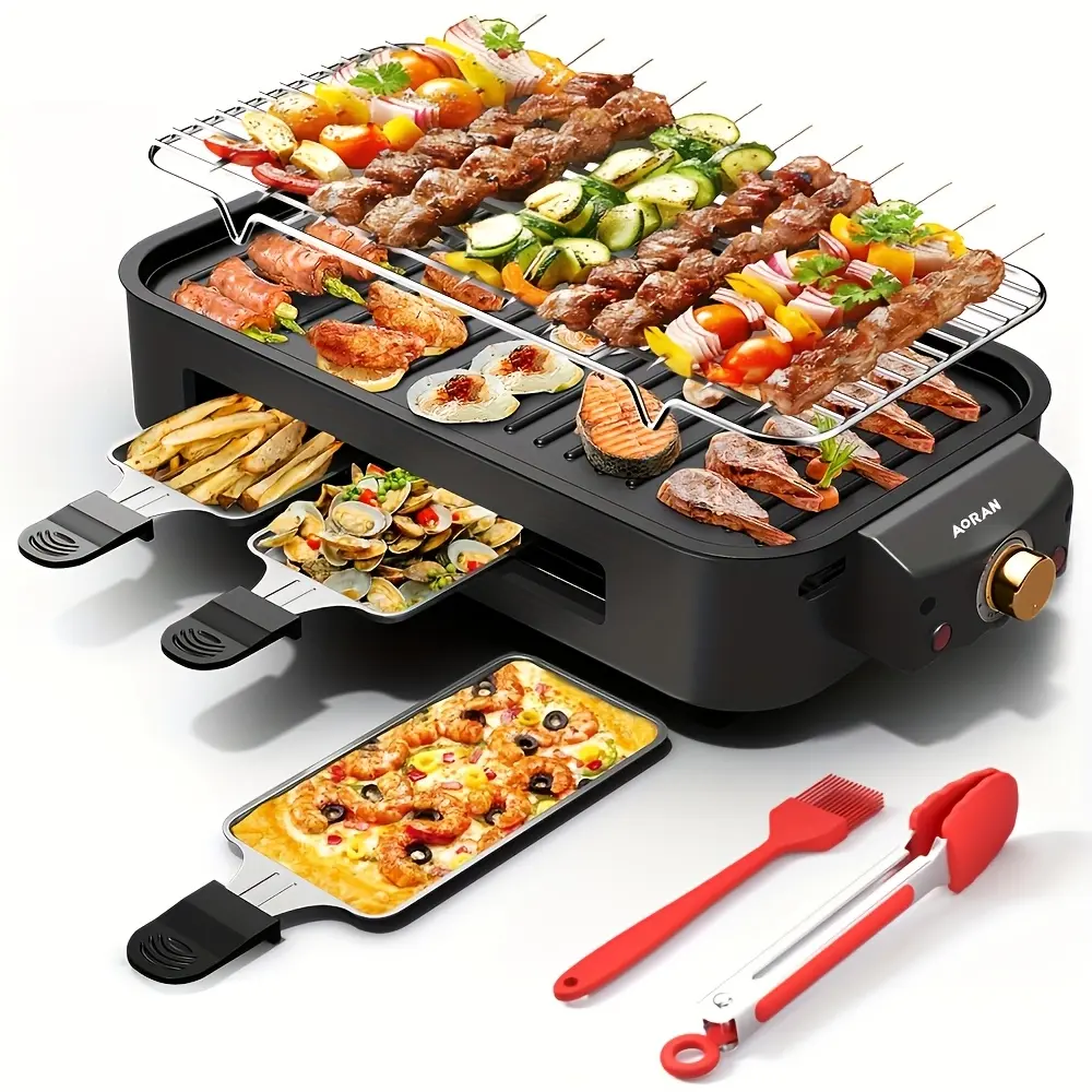 Kitchen Electric Barbecue Grill, Fully Detachable, with Frying Pan And Grille, Three Hand Trays, Non-stick And Easy to Clean, Made Of Stainless Steel, Adjustable Temperature, Power 1500W, Waffle Maker, Gift for Christmas, Housewarming, Birthdays