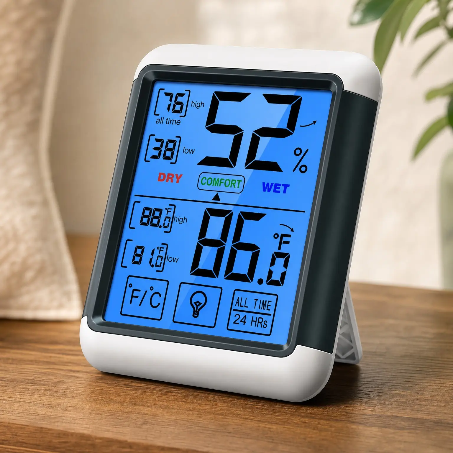 Digital Indoor Hygrometer Thermometer with Touchscreen, 4-Inch Backlit Temperature Humidity Monitor for Home & Greenhouse