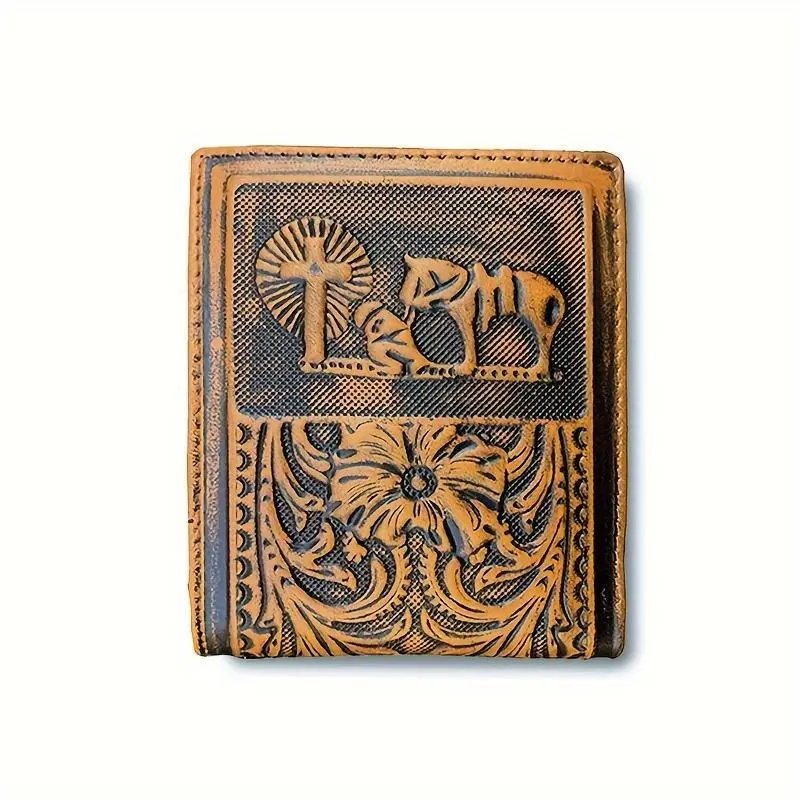 Western Cowboy Prayer Embossed Full Grain Leather Short Bifold Wallet For Men