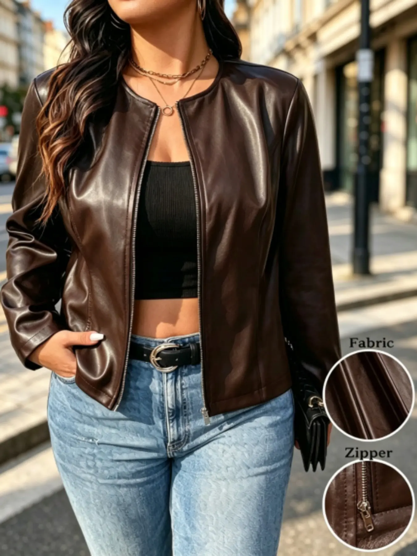 Plus Size Round Neck Short PU Jacket Outerwear, American Style Slim Fit Full Zipper, Conceals Fat, Casual Streetwear for Daily Commute, Women's Leather Coat