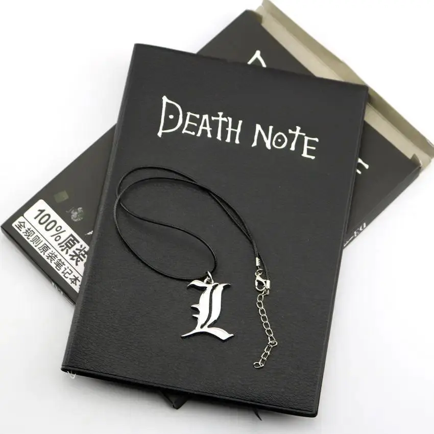 Black Cosplay Notebook, Anime Replica Writing Journal Books with Feather Pen and L Pendant Necklace, Collector's Gift for Fans, Pendant For Chain
