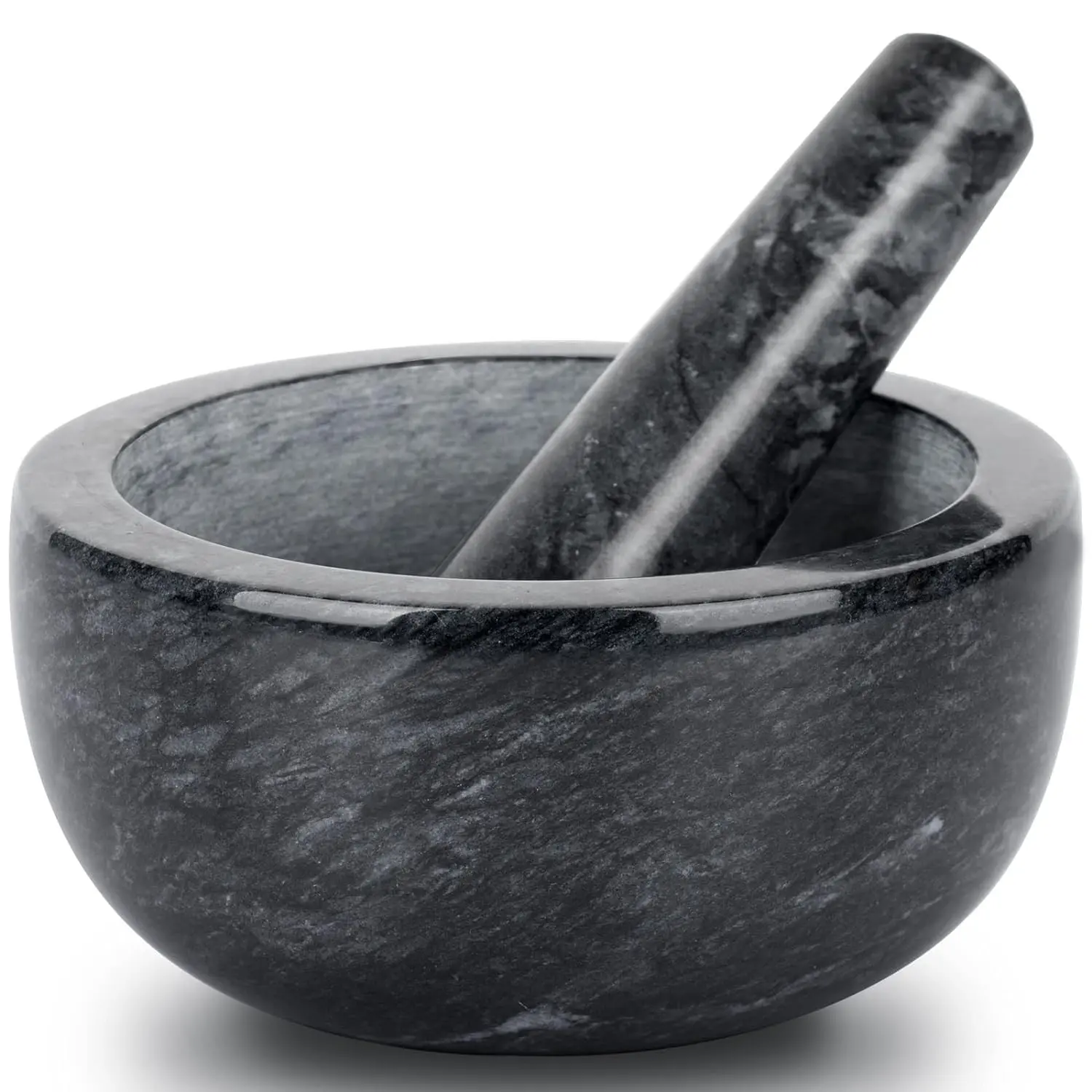 Large Black Marble Mortar and Pestle Set - 5.5" Diameter Kitchen Solid Stone Grinder for Spices, Herbs, Pills