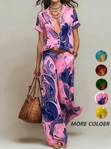 Casual Vacation Style Random Print Collared Shirt Top with Pocket Straight Leg Pants Set, No Belt Included, Perfect for