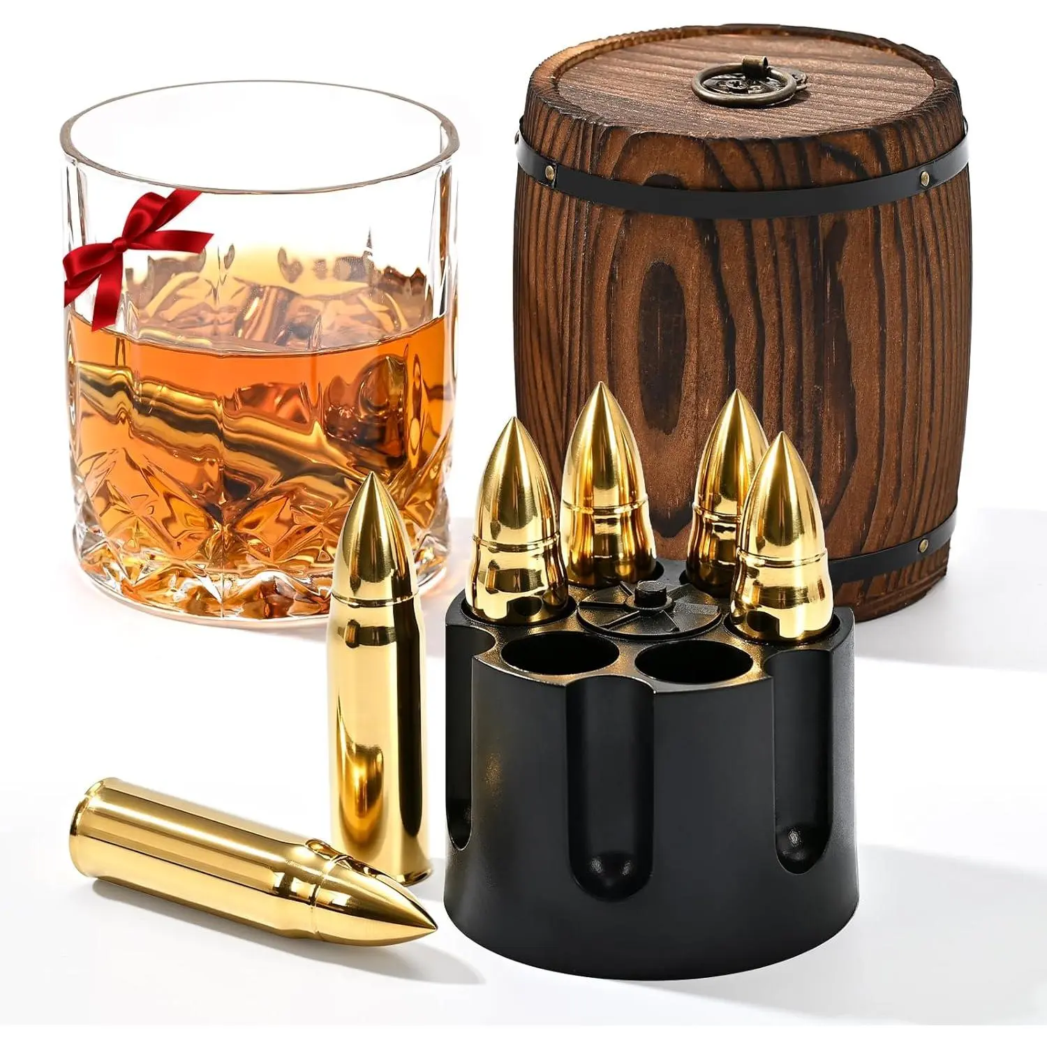 Wooden Barrel-Style Stainless Steel Ice Stone Set - 6 Portable Reusable Drinkware Accessories, Cools Faster Than Granite Stones, Stylish Traditional Gift Box, Chill Without Dilution, Colorful Gift Confetti Cash Explosion Box for Father's Day, Groomsmen