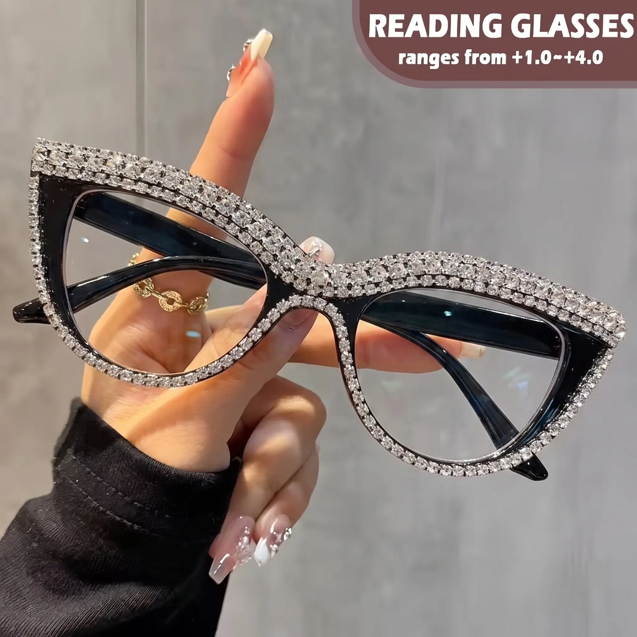 Luxury Full-Diamond Cat Eye Reading Glasses for Women, Stylish Decorative Reading Glasses, Prescription 1.0-4.0, Fashionable Eyewear
