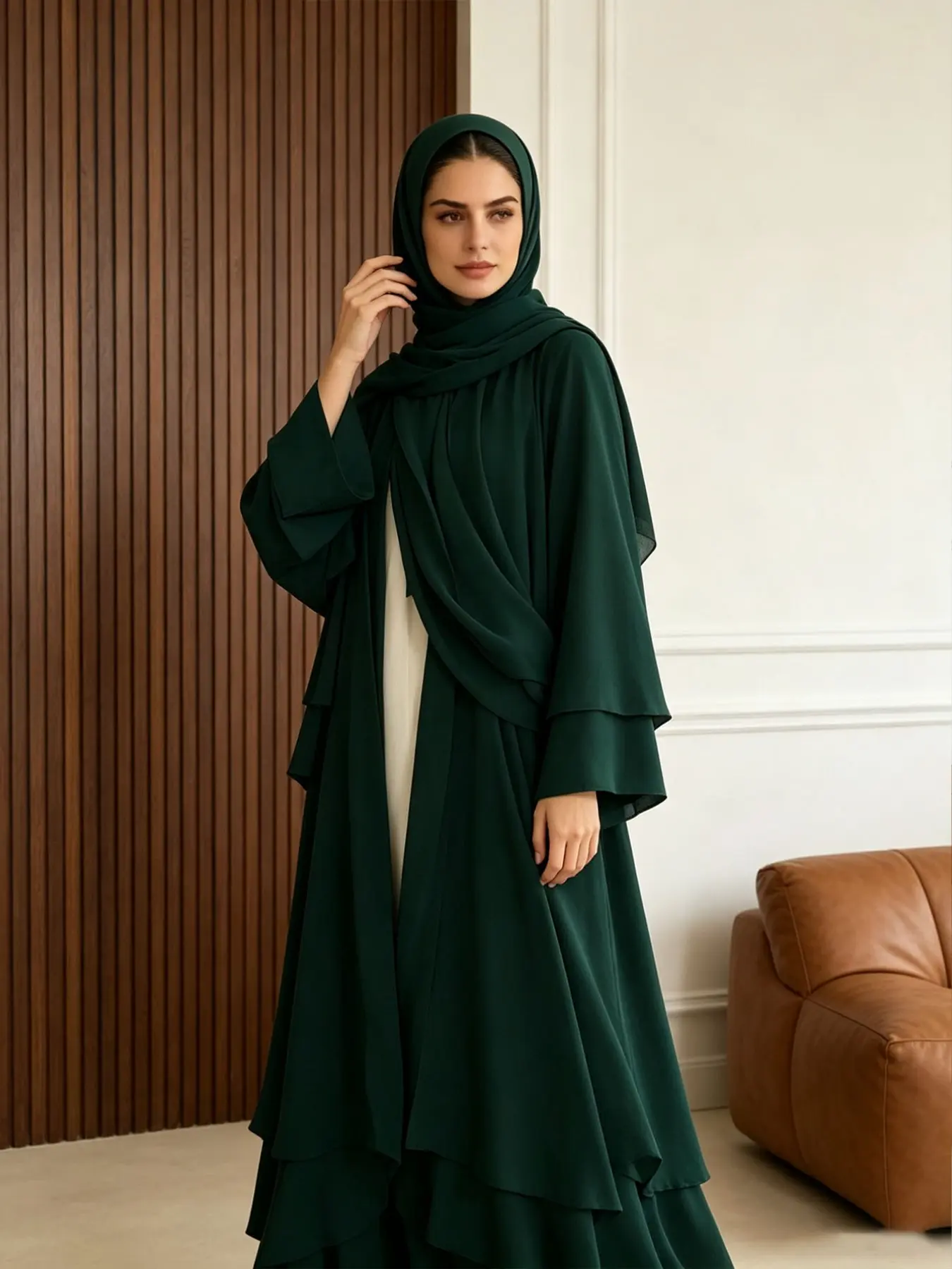 Muslim Women's Elegant Long Sleeve Abaya Set, Plain H-Type Loose-Fit Suit, Dubai Style Chiffon, All Seasons Casual Wear