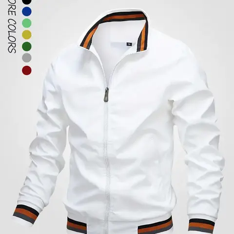 Men's Striped Trim Zip Up Varsity Jacket, Regular Fit Long Sleeve Pocket Baseball Jacket, Windbreaker Bomber Jacket, National Day Clothing, Men's Spring Clothing