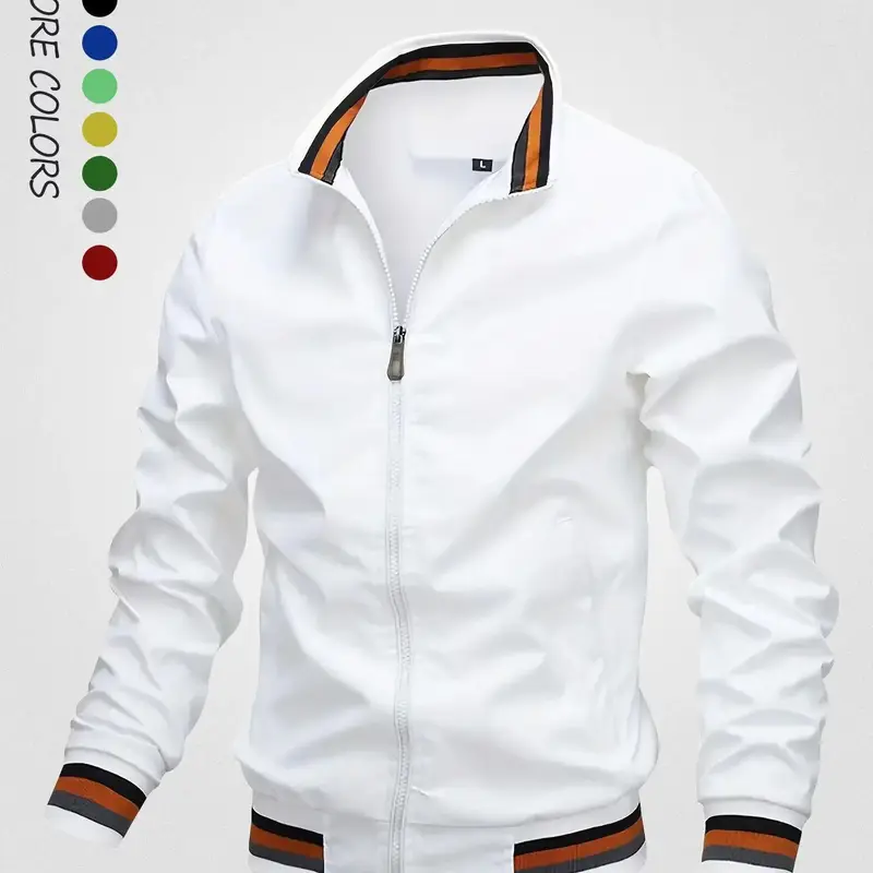 Men's Striped Trim Zip Up Varsity Jacket, Regular Fit Long Sleeve Pocket Baseball Jacket, Windbreaker Bomber Jacket, National Day Clothing, Men's Spring Clothing