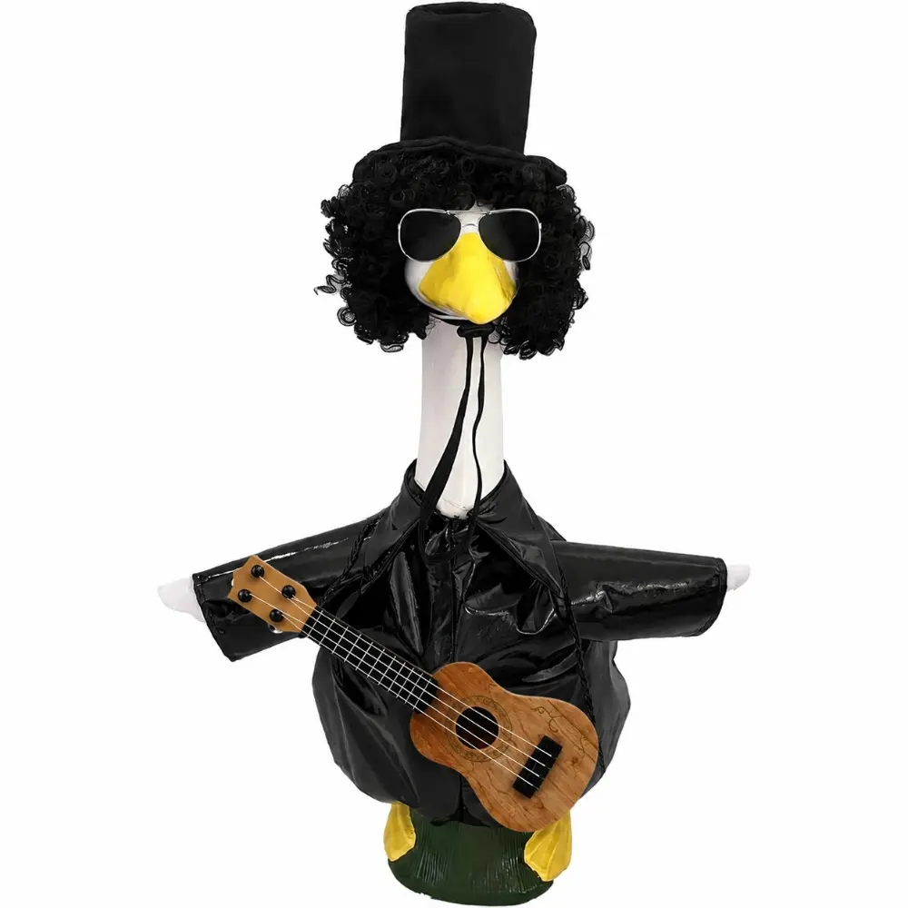 Rock and Roll Porch Goose Outfit Set 80s 90s Hip Hop Goose Costume Dresses Clothes with Guitar Sunglasses Wig Hat Fits 23'' for Yard Lawn Outdoor Garden Decor